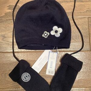 Jacadi Navy Knit Hat and Mittens Set with Floral Accents